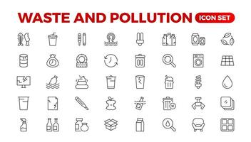 Climate change icon set. Containing global warming, greenhouse, melting ice, earth pollution and disaster icons. waste sorting, recycling. Linear collection. Outline collection set. vector