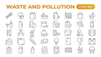 Climate change icon set. Containing global warming, greenhouse, melting ice, earth pollution and disaster icons. waste sorting, recycling. Linear collection. Outline collection set. vector