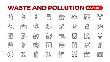 Climate change icon set. Containing global warming, greenhouse, melting ice, earth pollution and disaster icons. waste sorting, recycling. Linear collection. Outline collection set. vector