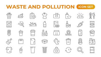 Climate change icon set. Containing global warming, greenhouse, melting ice, earth pollution and disaster icons. waste sorting, recycling. Linear collection. Outline collection set. vector
