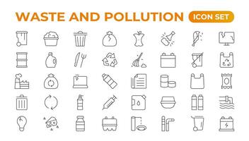 Climate change icon set. Containing global warming, greenhouse, melting ice, earth pollution and disaster icons. waste sorting, recycling. Linear collection. Outline collection set. vector