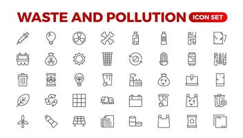 Climate change icon set. Containing global warming, greenhouse, melting ice, earth pollution and disaster icons. waste sorting, recycling. Linear collection. Outline collection set. vector