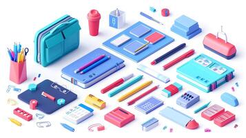 3d Flat cartoon style as Office supply kit isolated on white background concept as A comprehensive office supply kit isolated on a white background symbolizing organization product photo