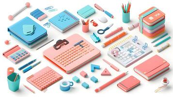 3d Flat cartoon style as Office supply kit isolated on white background concept as A comprehensive office supply kit isolated on a white background symbolizing organization product photo