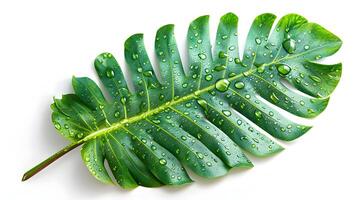 3d Flat cartoon style as Palm leaf with morning dew isolated on white background concept as A tropical palm leaf with morning dew isolated on a white background highlighting its lo photo