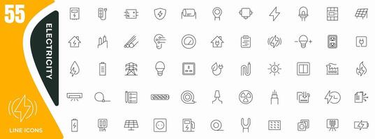 Electricity, electrical energy line icons set. Electricity, electric power line, light, light bulb and electrical equipment outline icon collection. Thin outline icons pack vector