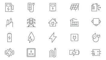 Electricity, electrical energy line icons set. Electricity, electric power line, light, light bulb and electrical equipment outline icon collection. Thin outline icons pack vector