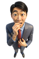 3d style illustration of asia man in office worker uniform, he is Biting of nails, isolated on a translucent background. png