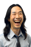 3d style illustration of asia young man in office worker uniform, long hair, he laughed a lot., isolated on a translucent background. png