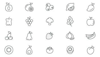 frutas y bayas línea íconos recopilación. naranja plátano melón manzana, arándano, piña pomelo, kiwi durazno, higo kiwi Fresco frutas icono embalar. Delgado contorno iconos vector