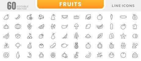 frutas y bayas línea íconos recopilación. naranja plátano melón manzana, arándano, piña pomelo, kiwi durazno, higo kiwi Fresco frutas icono embalar. Delgado contorno iconos vector