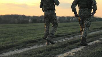 militares patrulha às pôr do sol, soldados caminhando em uma rural caminho, recortado de a tarde Sol. video