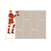 Worker in protective helmet and uniform stands on a ladder, holding a drill to fix a wall. Illustration depicts construction and repair work with safety gear and tools vector