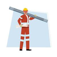 Worker in protective gear holding a metal bar on shoulder and document in another hand vector