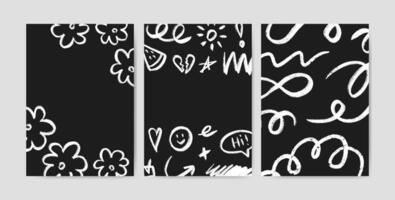 Set of posters with hand drawn chalk abstract children shapes. Marker abstract scribbles, flowers, sun, heat, lines, scribbles and other elements. Scrawl elements for your design. vector