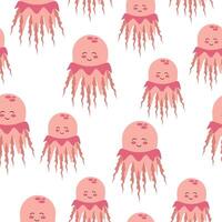 Seamless pattern pink jellyfish on white background. cartoon illustration for children's wallpaper, textile, packaging. vector