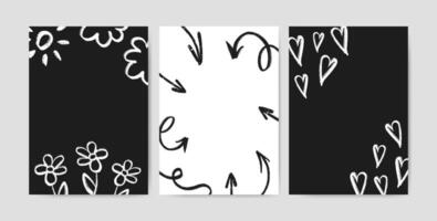 Set of artistic cards with hand drawn chalk flower, arrow and heart shapes. Children marker abstract scribbles. Black pencil sketches. Scrawl elements for social media design. vector