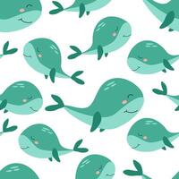 Seamless pattern of cartoon green whale on a white background. illustration for children's wallpaper, textiles, packaging. vector