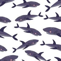 Seamless pattern of cartoon purple shark on a white background. illustration for children's wallpaper, textiles, packaging. vector