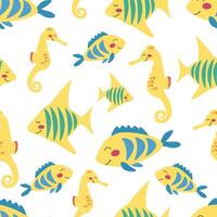 sin costura modelo de dibujos animados mar habitantes tropical amarillo pescado y caballitos de mar en un blanco antecedentes. ilustración para para niños fondo de pantalla, textiles, embalaje. vector
