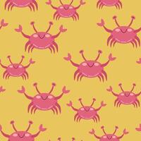 Seamless pattern of cartoon crab on a yellow sand background. illustration for children's wallpaper, textiles, packaging. vector