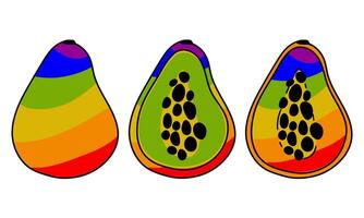A set of papayas painted in all colors of the rainbow. Individual fruits with outline and color. A whole and cut fruit. LGBT symbol. Suitable for website, blog, product packaging and more vector