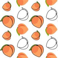 A pattern of colored peaches with a contour, whole. Bright colors, detailed texture, realistic shading of fruits with leaves. illustration in seamless texture for printing vector