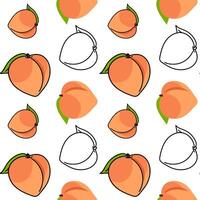 A pattern of colored peaches with a contour, whole. Bright colors, detailed texture, realistic shading of fruits with leaves. illustration in seamless texture for printing vector