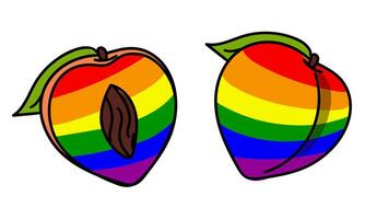 Set of peaches painted in all colors of the rainbow with contour. Colorful fruits separately. Whole and half in different poses. LGBT symbol. Suitable for website, blog, product packaging, home decor vector