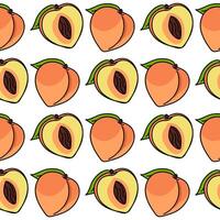A pattern of colored peaches with a contour, whole and in section. Bright colors, detailed texture, realistic shading of fruits with leaves. illustration in a seamless texture for printing vector
