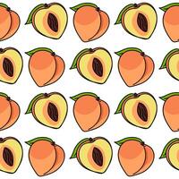 A pattern of colored peaches with a contour, whole and in section. Bright colors, detailed texture, realistic shading of fruits with leaves. illustration in a seamless texture for printing vector