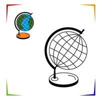 school Globe on stand Coloring Page. Educational worksheet colored by sample. Paint game. Elements for coloring book, page, printing, design illustrations in the style of outline for kids. vector