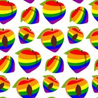 Pattern of peaches painted in all the colors of the rainbow. Colorful fruits individually. Whole and halves in different poses. LGBT symbol. Suitable for website, blog, product packaging, home decor vector