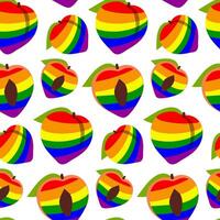 Pattern of peaches painted in all the colors of the rainbow. Colorful fruits individually. Whole and halves in different poses. LGBT symbol. Suitable for website, blog, product packaging, home decor vector