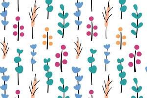 Cute colorful floral pattern, ornament of flowers icons, branches and spikelet doodles, illustrations of green leaves on white background, seamless colored pattern for wrapping paper vector