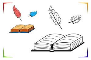 libro y bolígrafo para escritura colorante página. pluma educativo hoja de cálculo. pintar juego. elementos para colorante libro, página, impresión, diseño ilustraciones en el estilo de contorno para niños. vector