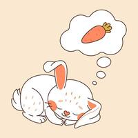 dormido liebre. linda conejito duerme y Sueños acerca de zanahoria. el Conejo cayó dormido. Zanahoria sueño. garabatear de moda plano estilo dibujos animados personaje liebres dulce Sueños aislado ilustración vector
