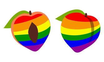 Set of peaches painted in all colors of the rainbow. Colorful fruits separately. Whole and half in different poses. LGBT symbol. Suitable for website, blog, product packaging, home decor, stationery vector