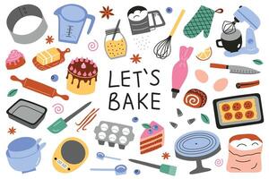 Baking utensils set, kitchenware collection, whisk, sifter, mixer doodle icons, illustrations of ingredients for cookies and cakes, cartoon baker equipment with lettering, lets bake vector