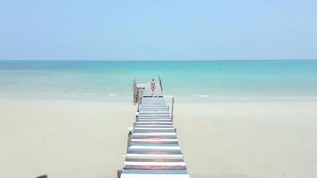 vrouw wandelingen langs een pier Aan paradijs strand met kristal Doorzichtig turkoois zee video