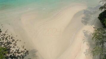 das Jahr 2024 geschrieben auf ein tropisch Strand. Konzept von ein Strand Flucht im 2024. video