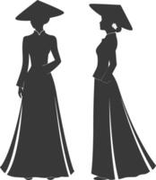 silhouette independent vietnamese women wearing ao dai black color only vector