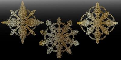 three gold and silver ornamental designs on a black background vector