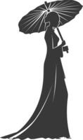 silhouette independent vietnamese women wearing ao dai with umbrella black color only vector