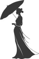 silueta independiente vietnamita mujer vistiendo ao dai con paraguas negro color solamente vector
