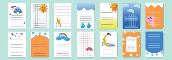 Children's funny diary with funny cartoon weather elements. Glider template. vector