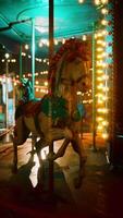 verlichte vrolijk Gaan ronde paard in verlaten park Bij nacht video