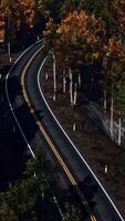 Aerial over a winding forest road in Finland during sunset video