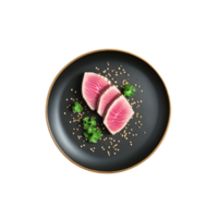 gegrild tonijn steak aangebraden buitenkant roze centrum sesam zaden wasabi Plakken culinaire en voedsel concept png