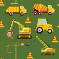 Construction machinery seamless pattern with various equipment like tractor, demolition machine, crane and excavator vector